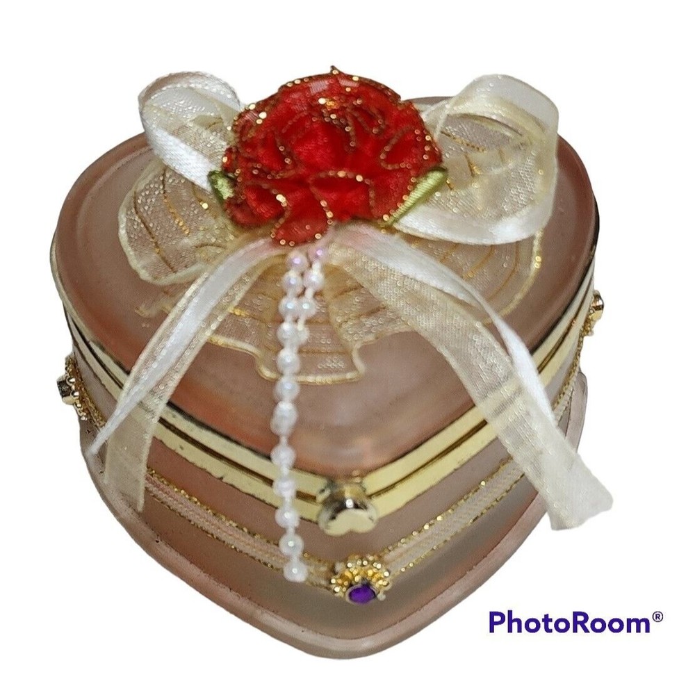 Glass Heart Valentine Jewelry Display Trinket Box Pale Pink Opaque Red Rose Lace